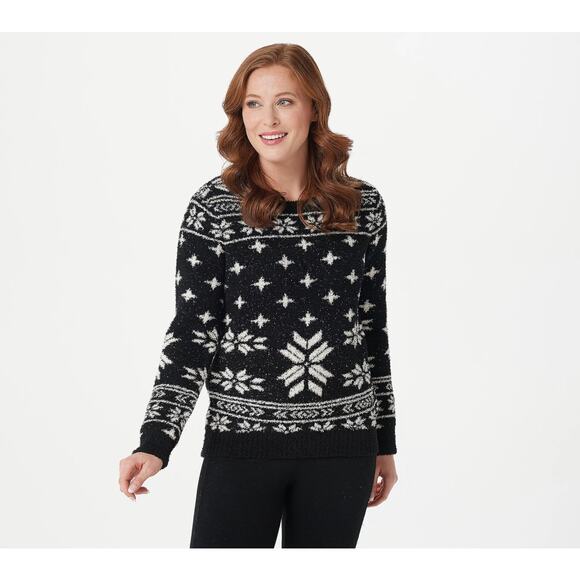 Barefoot Dreams CozyChic Seaside Crewneck Pullover Sweater Black Fair Isle Sz 3X - Picture 2 of 16